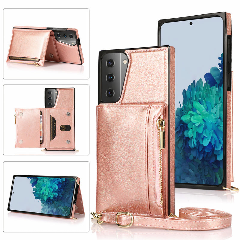 Étui en cuir artificiel pour Samsung Galaxy S avec bandoulière, portefeuille à fermeture éclair et porte-cartes Coque Galaxy S Paprikase Rose Or Galaxy S22 Ultra 