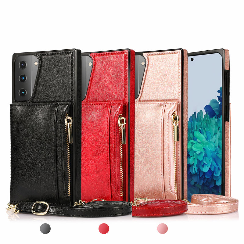 Étui en cuir artificiel pour Samsung Galaxy S avec bandoulière, portefeuille à fermeture éclair et porte-cartes Coque Galaxy S Paprikase   