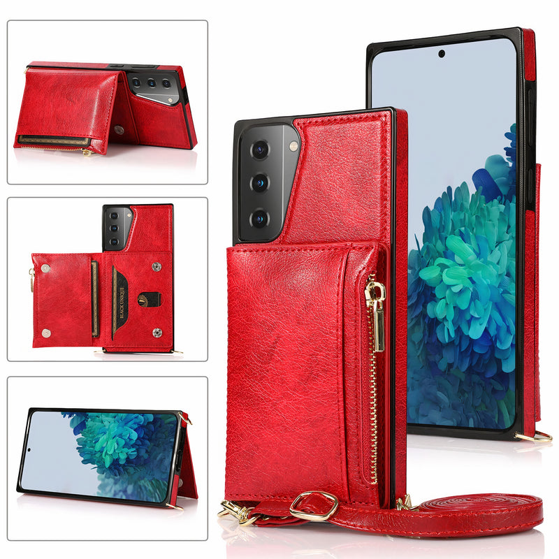 Étui en cuir artificiel pour Samsung Galaxy S avec bandoulière, portefeuille à fermeture éclair et porte-cartes Coque Galaxy S Paprikase Rouge Galaxy S22 Ultra 
