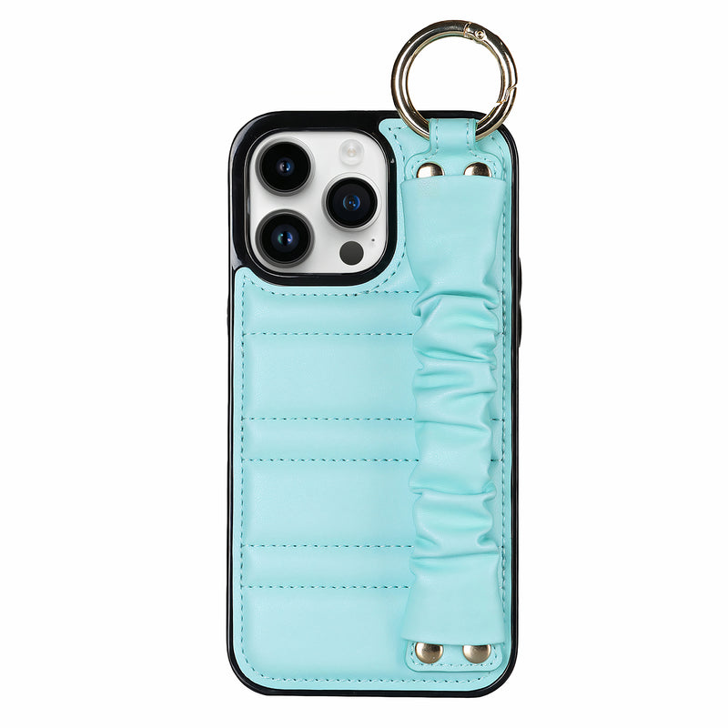 Étui iPhone de luxe en simili-cuir avec bracelet rembourré plissé anti-perte Coque iPhone Paprikase Turquoise iPhone 14 Pro Max 