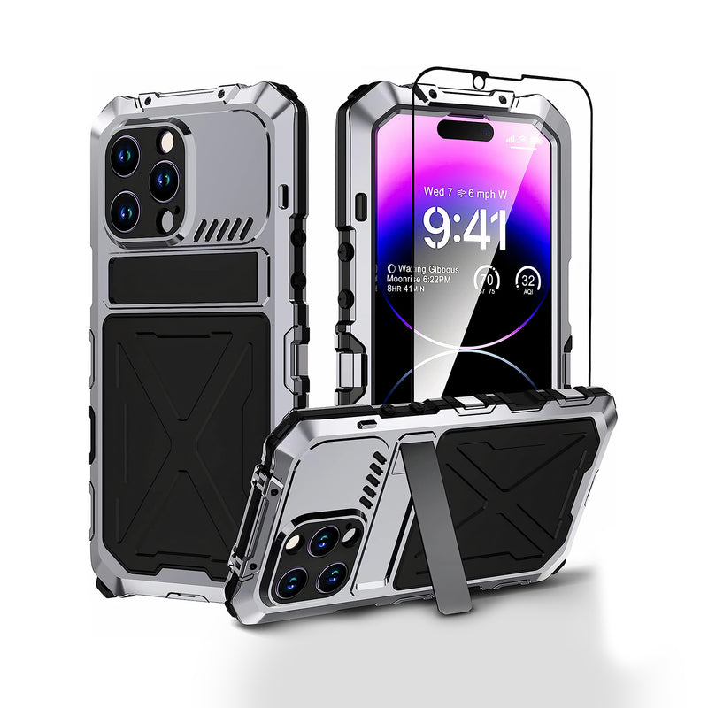 Coque robuste pour iPhone en métal et silicone hybride de qualité militaire avec protection d'écran verre trempé et béquille intégrée Coque iPhone Paprikase Argent iPhone 14 Pro Max 