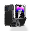 Coque robuste pour iPhone en métal et silicone hybride de qualité militaire avec protection d'écran verre trempé et béquille intégrée Coque iPhone Paprikase Noir iPhone 14 Pro Max 