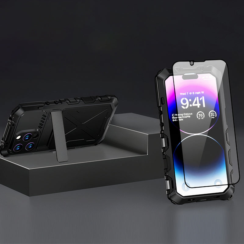 Coque robuste pour iPhone en métal et silicone hybride de qualité militaire avec protection d'écran verre trempé et béquille intégrée Coque iPhone Paprikase   