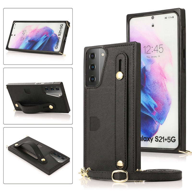 Coque Samsung Galaxy Note bords carrés en simili-cuir avec rabat, bandoulière assortie et sangle pour la main Coque Galaxy Note Paprikase Noir Galaxy Note20 Ultra 