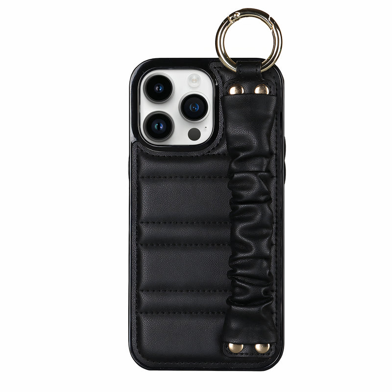 Étui iPhone de luxe en simili-cuir avec bracelet rembourré plissé anti-perte Coque iPhone Paprikase Noir iPhone 14 Pro Max 