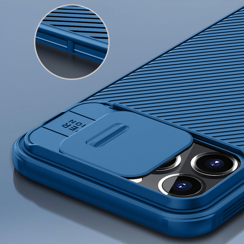 Coque iPhone 13 Pro MagSafe Protection Caméra & Cache Objectif, Finition  Striée, Nillkin CamShield Pro - Bleu - Français