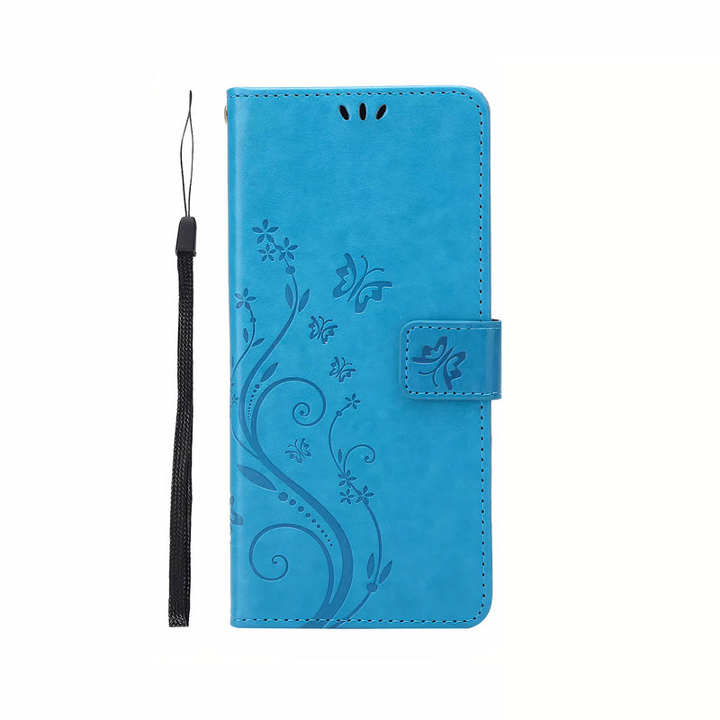 Étui rabat similicuir brillant avec porte-cartes et dragonne pour Huawei Y Coque Huawei Y Paprikase Bleu Fleur Y6s/Y6 2019