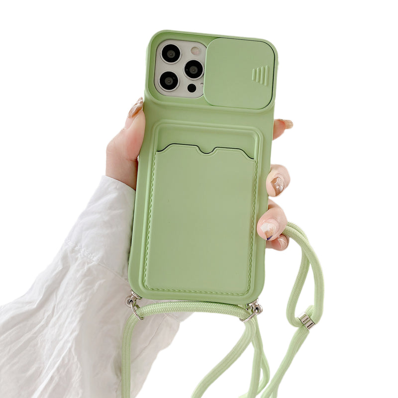 Étui pour iPhone porte-cartes couleur mate avec cache-caméra coulissant et lanière Coque iPhone Paprikase Vert iPhone 13 Pro Max 