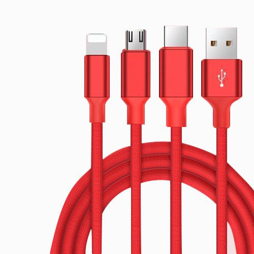 Câble USB 3-en-1 en nylon tressé : USB-C, Micro-USB, Lightning Câble Paprikase Rouge  