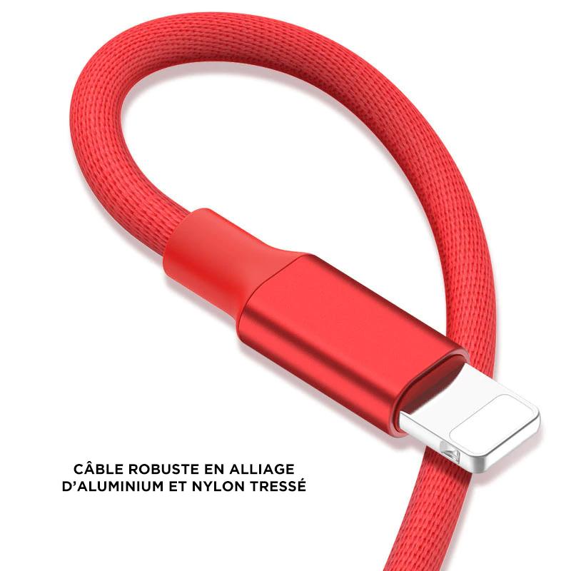 Câble USB 3-en-1 en nylon tressé : USB-C, Micro-USB, Lightning Câble Paprikase   