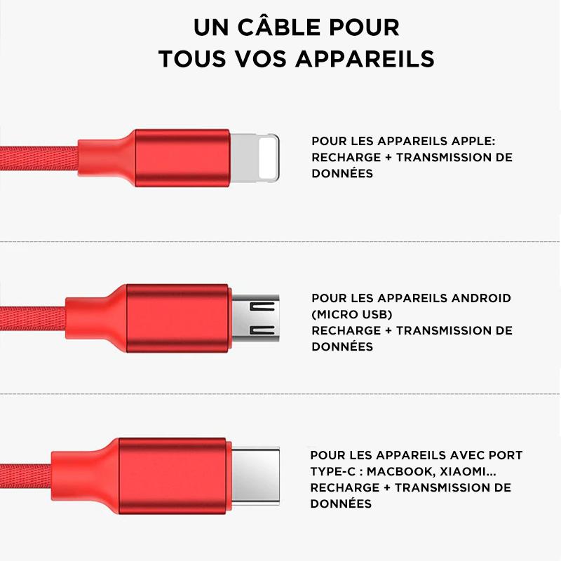Cable USB trenzado de nylon 3 en 1: USB-C, Micro-USB, Lightning