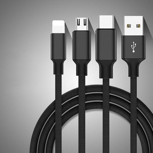 Câble USB 3-en-1 en nylon tressé : USB-C, Micro-USB, Lightning Câble Paprikase   